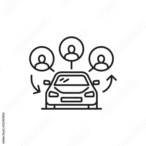 Carpool share, people using car share service. Carpooling or car-sharing, ride-sharing and lift-sharing linear icon. Multiple drivers on car on rent