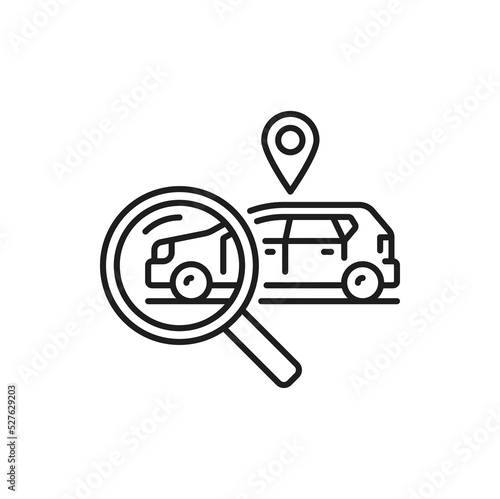 Automobile search linear car with magnifier and location point. Find sharing vehicle, outline linear sign. Finder sign and auto on rent