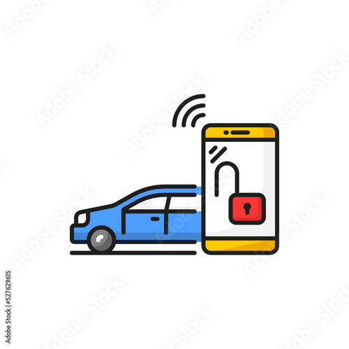 Car key in smartphone, smart lock application icon. Vector locked or open door in car by phone, closed auto by phone wireless technology