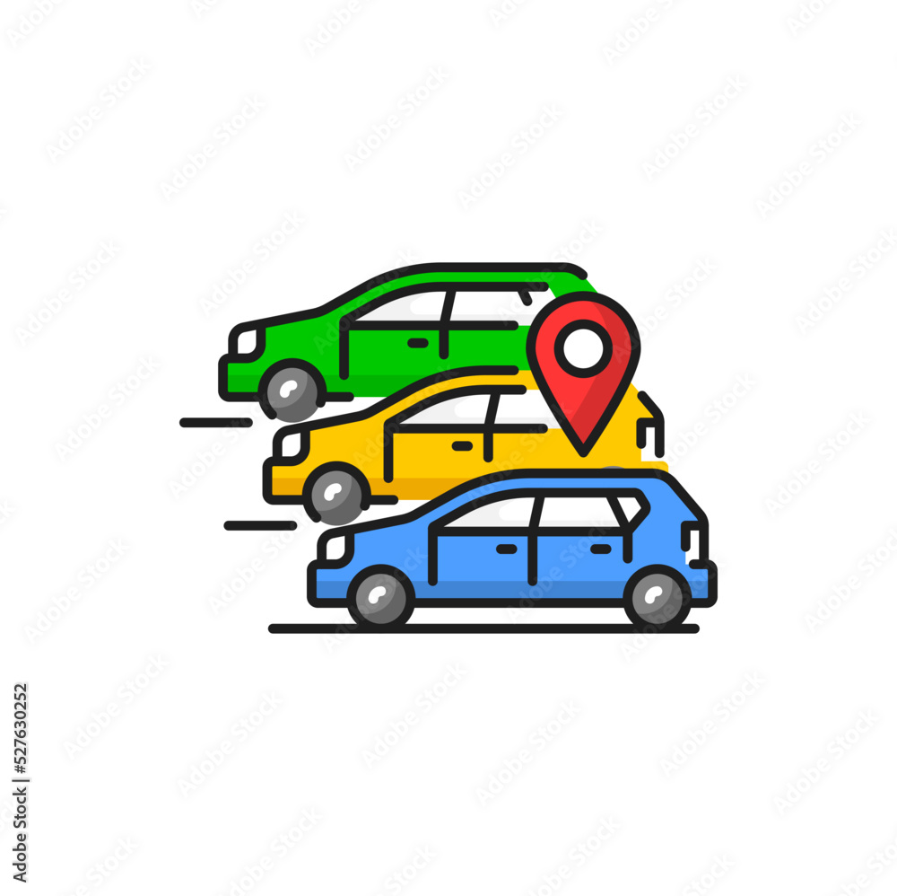 Carpool share service, car location sign on parking. Vector multiple drive and location sign. Carpooling or car-sharing, lift-sharing color linear icon Carpool share service, car location sign on parking. Vector multiple drive and location sign. Carpooling or car-sharing, lift-sharing color linear icon