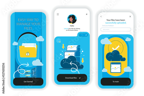 Cloud technology concept onboarding screens. File upload, online transfer, backup and secure server storage. UI, UX, GUI user interface kit with flat people scene. Vector illustration for web design