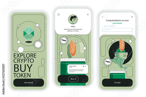 Crypto market concept onboarding screens. Cryptocurrency and blockchain technology, buy and sell bitcoins. UI, UX, GUI user interface kit with flat people scene. Vector illustration for web design