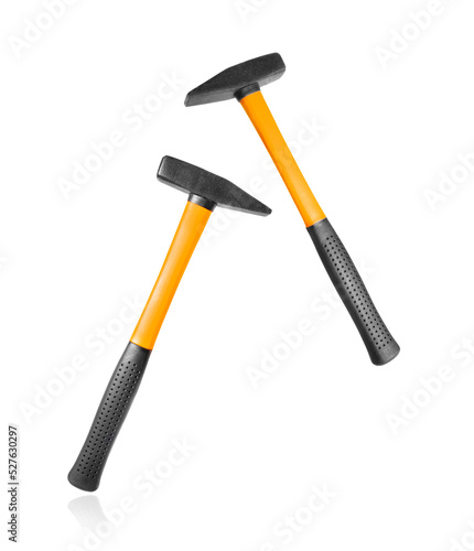 Fényképezés Two new hammers with plastic handles close up isolated on white background