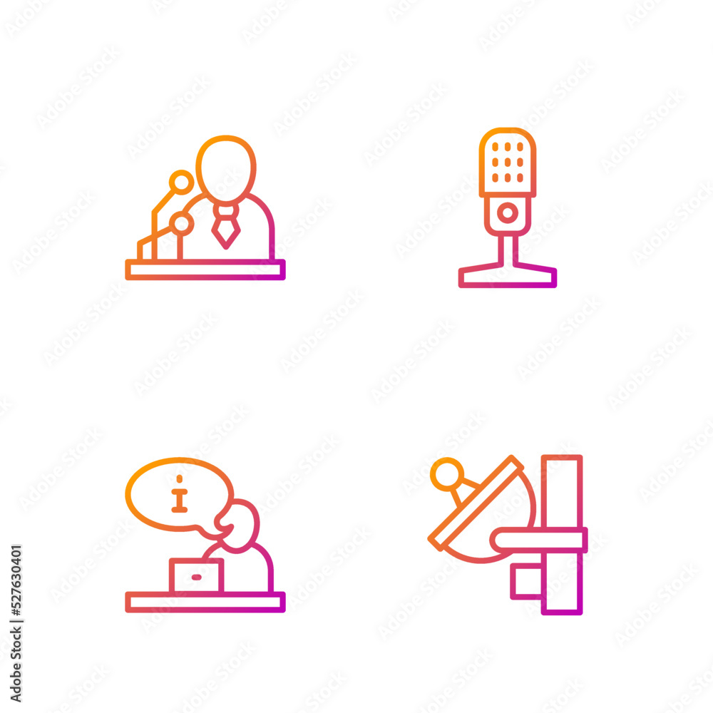 Set line Radar, Television report, Breaking news and Microphone. Gradient color icons. Vector Set line Radar, Television report, Breaking news and Microphone. Gradient color icons. Vector