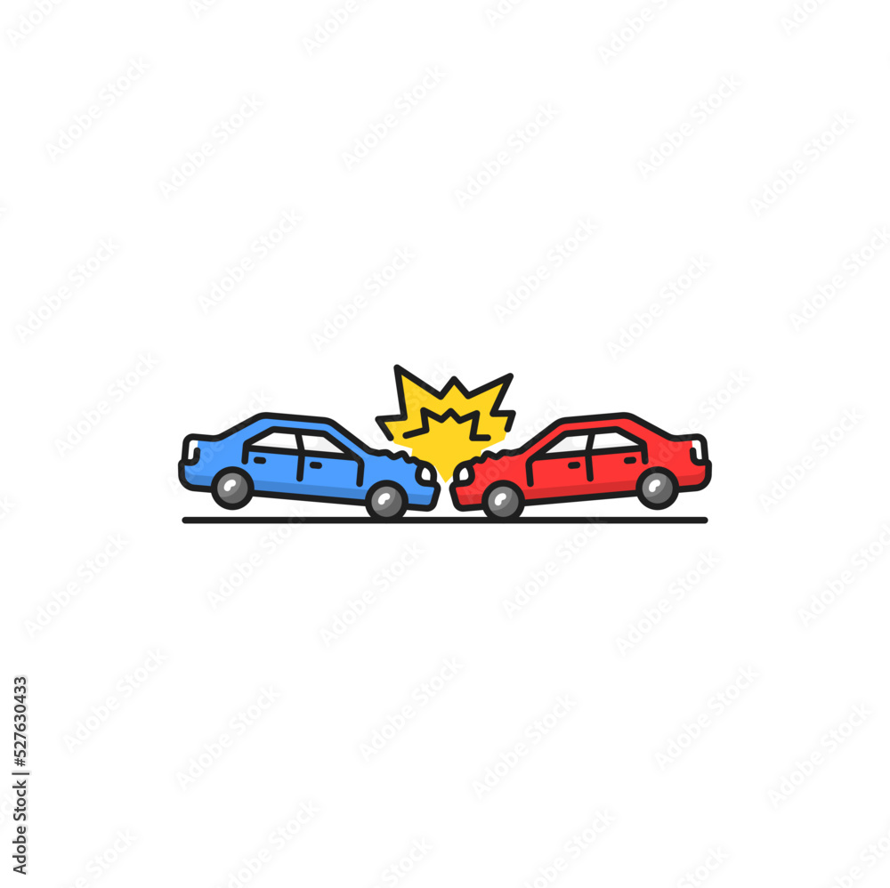 Road collision isolated car trash color line icon. Damaged transport, accident on road. Two smashed vehicles city drive disaster