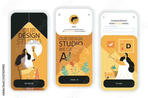 Design studio concept onboarding screens. Create artwork and content in designer agency, creative projects. UI, UX, GUI user interface kit with flat people scene. Vector illustration for web design