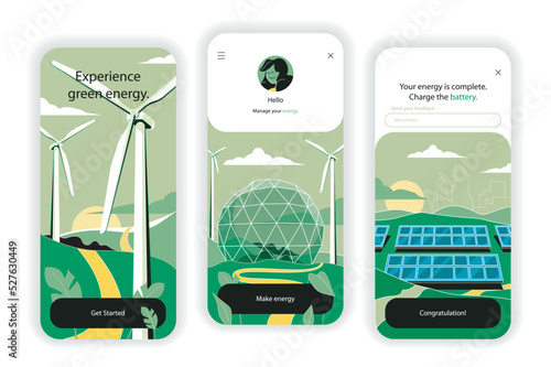 Green energy concept onboarding screens. Alternative energy sources and ecology, solar panels and windmills. UI, UX, GUI user interface kit with flat people scene. Vector illustration for web design