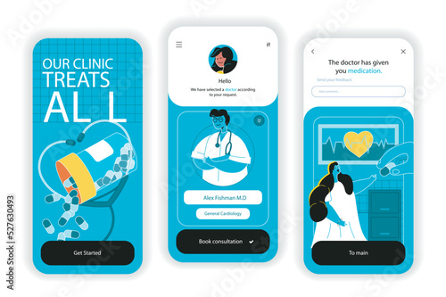 Medical clinic concept onboarding screens. Online doctor consultations and purchase of medicines in pharmacy. UI, UX, GUI user interface kit with flat people scene. Vector illustration for web design