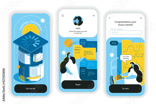 Online education concept onboarding screens. Gaining knowledge for educational platform with video lectures. UI, UX, GUI user interface kit with flat people scene. Vector illustration for web design