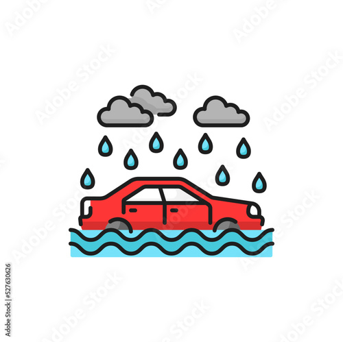 Flooded car in the water on road, car accident insurance, force majeure isolated line icon. Vehicle fallen in the river and sinking, rain drops, flood