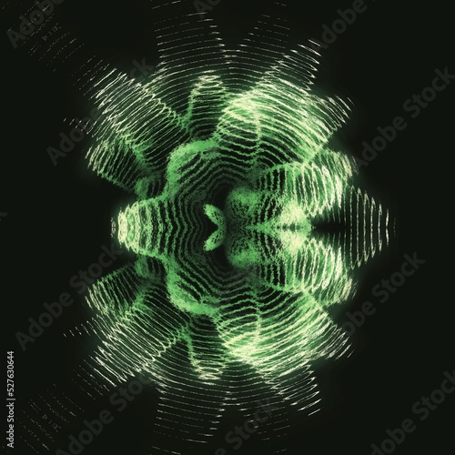 3D illustration exploding surface view shades of green contour lines on a black background © john