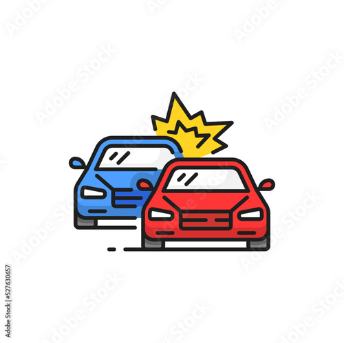 Rear-end collision isolated color line icon. Hitting vehicle from behind. Vector accident in congested traffic, crash on road, distracted cars