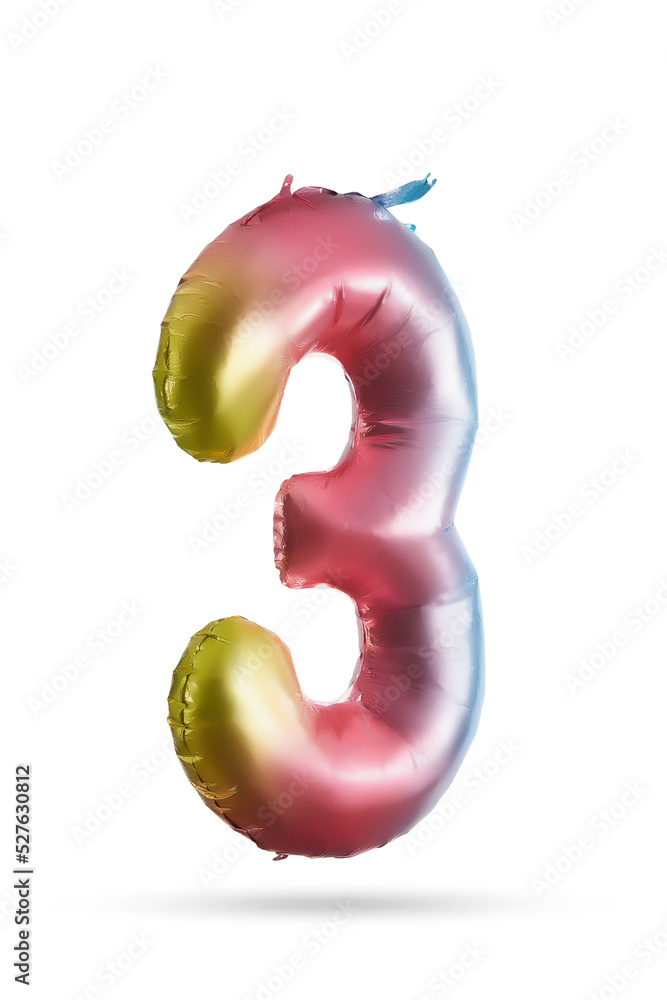 Close-up shot of a rainbow foil balloon in the form of number three. The large colored balloon is isolated on a white background. Side view. Close-up shot of a rainbow foil balloon in the form of number three. The large colored balloon is isolated on a white background. Side view.