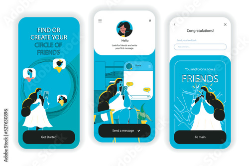 Social network concept onboarding screens. Online communication with users, search for new friends, chatting. UI, UX, GUI user interface kit with flat people scene. Vector illustration for web design