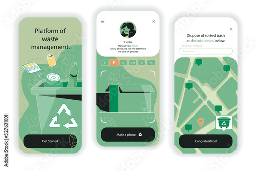 Waste manage concept onboarding screens. Separation of different waste, recycling, reuse and logistics in app. UI, UX, GUI user interface kit with flat people scene. Vector illustration for web design