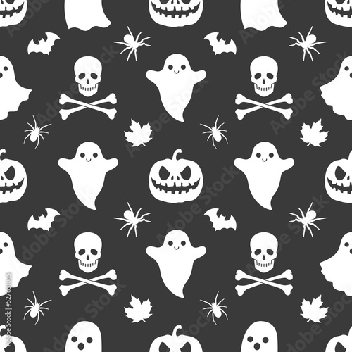 Gothic endless texture for printing on package  wrappers  cloth  envelopes or cards. Halloween seamless pattern made up of pumpkins  ghosts  maple leaves  bats  spiders and cats with crossbones. 