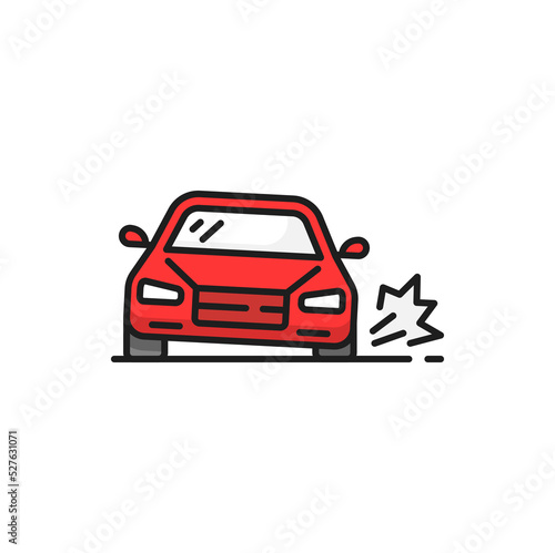 Tire replacement isolated punctured wheel on car color line icon. Vector broken tire, automobile transport tyre crash, broken wheel