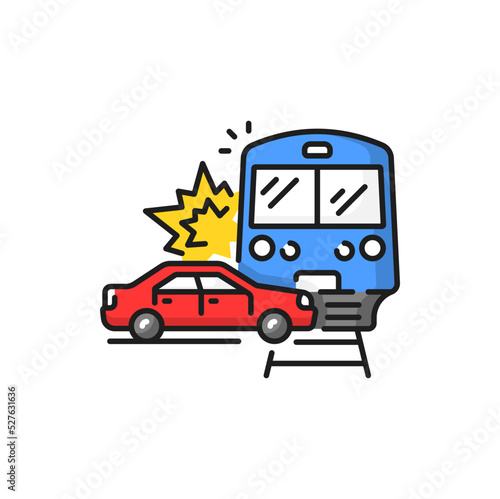 Car hit train isolated traffic accident color line icon. Collision and damaged transport, accident on road or railroad. Smashed vehicle drive disaster