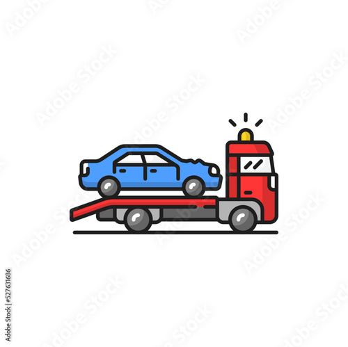 Towing truck evacuation service isolated color line icon. Wrecker truck with evacuated car. Heavy evacuator. Recovery vehicle repair service