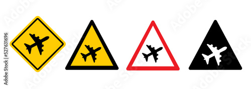 Take off airplane airport signboard. Soaring air plane route concept. Travel flight pictogram. Aircraft, aeroplane icon or symbol. Beware flying warning. Airline zone. 