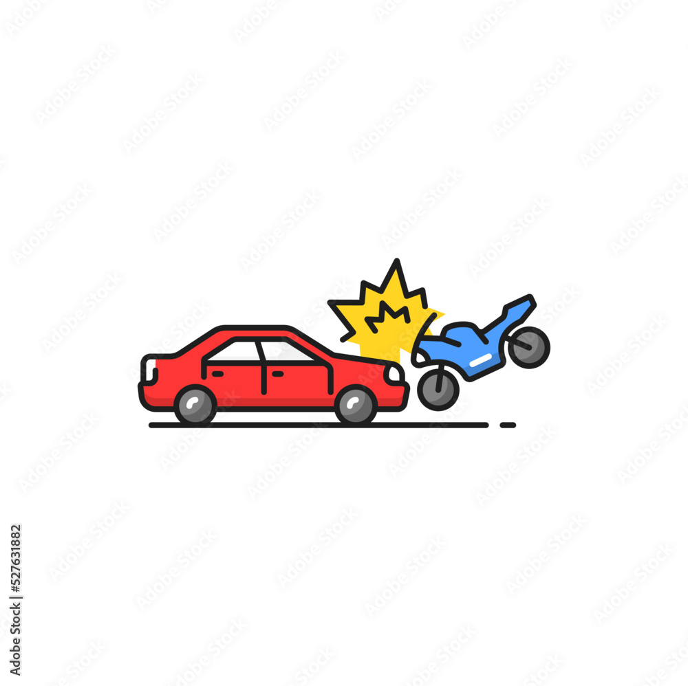 Naklejka premium Road collision isolated car crash with bike color line icon. Accident on road, damaged transport. Smashed vehicle and motorcycle city drive disaster