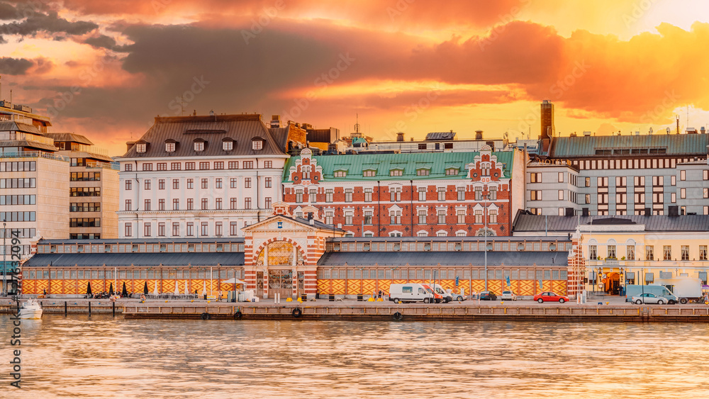 Panorama Of Old Market Hall Vanha kauppahalli In Helsinki At Summer Sunset Evening, Sunrise Morning, Finland. Famous Place