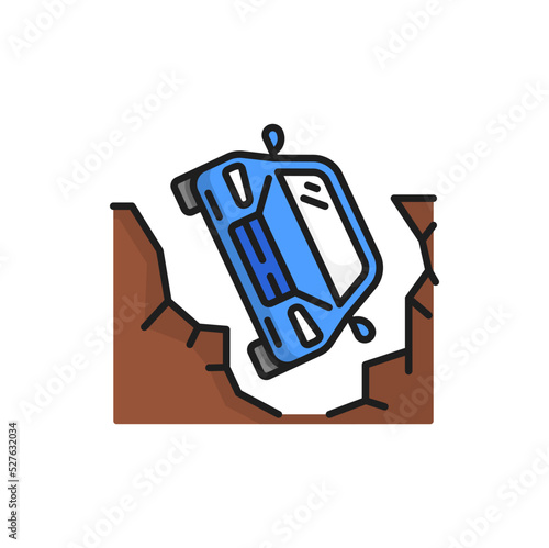 Car fall from cliff or mountain color isolated line icon. Dangerous landslide and ditch vehicle, failure on road, auto fall down from slope
