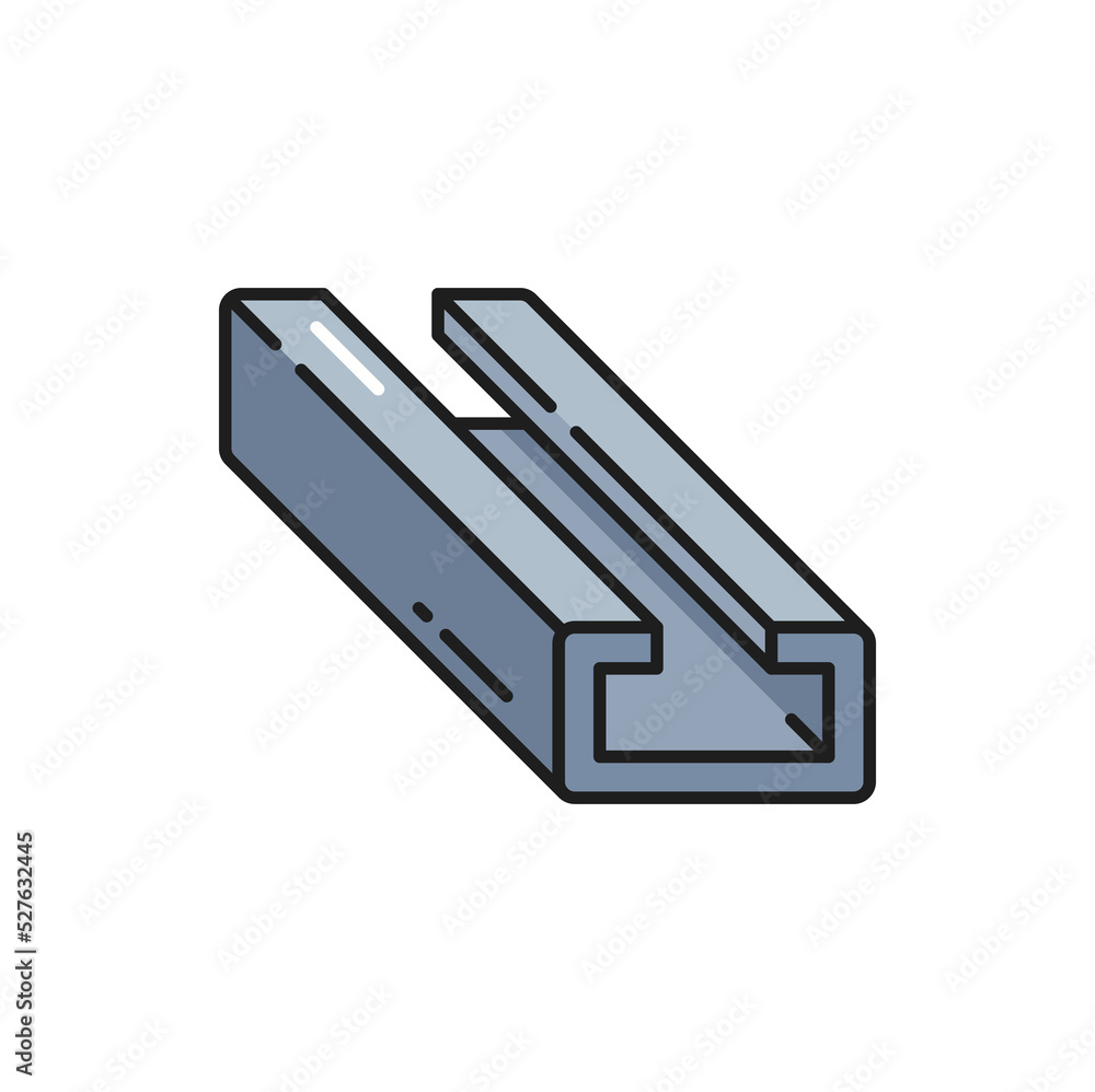 Aluminium rail rolled metal product isolated stainless steel chanel outline icon. Vector nonferrous metal rolling industry and metalworking element Aluminium rail rolled metal product isolated stainless steel chanel outline icon. Vector nonferrous metal rolling industry and metalworking element