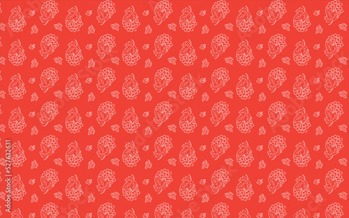 Autumn seamless pattern with white rowanberry and leaves. Red background.