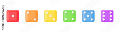 Dice 3d color render. Casino game icon. Poker bet label. Win jackpot design. Cube sign. Competition game banner. Success number. Backgammon gaming 2, 3,5. Entertainment tag. Vector illustration