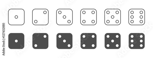 Dice black outline flat icons. Backgammon game 1 3,5. Win jackpot design. Casino poker bet label. Cube sign. Competition game banner. Success number. Entertainment tag. Vector illustration