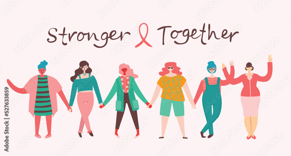 Breast cancer awareness month for disease prevention campaign and diverse ethnic women group together with pink support ribbon symbol on chest concept Breast cancer awareness month for disease prevention campaign and diverse ethnic women group together with pink support ribbon symbol on chest concept