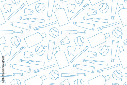 seamless pattern with dental hygiene products, toothbrush, dental floss, toothpaste, liquid mouthwash outline icons- vector illustration