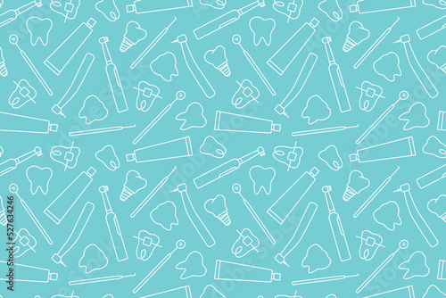 seamless pattern with dental pattern, toothbrush, implant, tooth bracket, paste, dentist tools outline icons- vector illustration