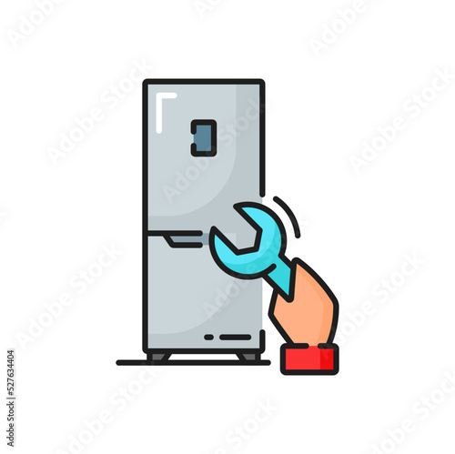Fridge repair, adjustable wrench in hand color outline icon. Vector household appliance, fridge and element of fix. Condenser replacing, freezer and cooling system repair by adjustable wrench