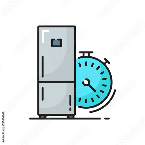 Fridge time sign, refrigerator timer outline icon. Vector linear style refrigerator timer sign, freezer and cooling system, condenser replacing. Household appliance, fridge time sign, freezer storage