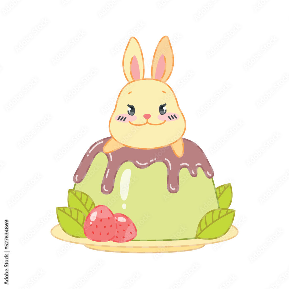 Obraz premium Cute bunny and an oriental matcha green tea dessert. Flat cartoon illustration of a little rabbit sitting on a panna cotta with chocolate sauce isolated on a white background. Vector 10 EPS.