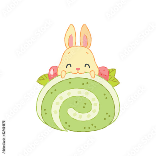 Cute bunny and an oriental matcha green tea dessert. Flat cartoon illustration of a little rabbit sitting on a slice of swiss roll with cream isolated on a white background. Vector 10 EPS.