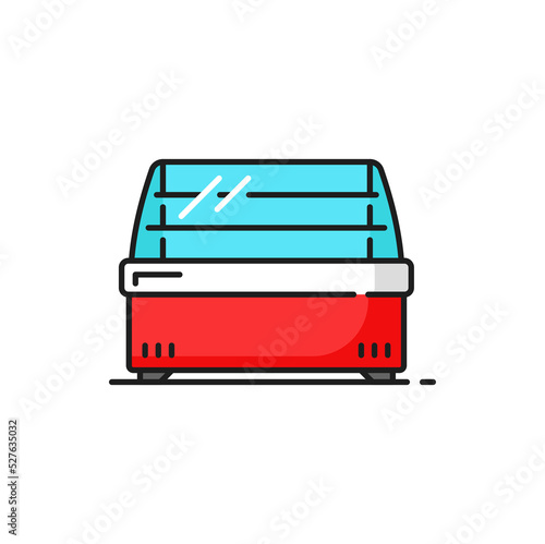 Ice cream freezer isolated color line con. Vector modern shop refrigerator, industrial fridge, bar chiller in supermarket store. Horizontal fridge showcase with glass door for display in grocery, cafe