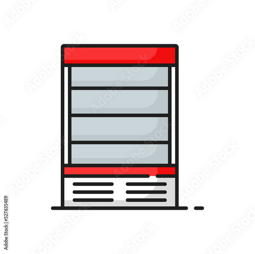Showcase vertical red freezer with shelves isolated outline icon. Vector fridge showcase with glass door, shop refrigerator. Freeze chest in grocery store, supermarket or cafe, industrial chiller