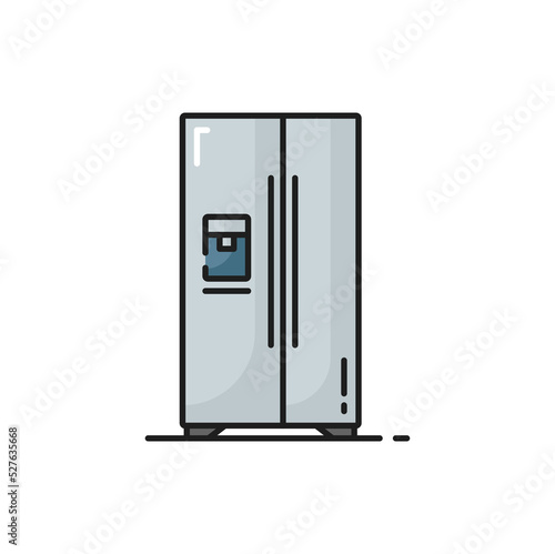 Refrigerator with side-by-side double door system isolated grey color line icon. Vector fridge showcase with two doors, industrial fridge. Household appliance freezer, kitchen home household equipment