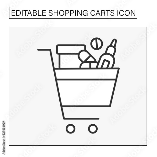  Shopping line icon. Shopaholism. Basket with pharmacology productions. Pharmacy. Shopping cart concept. Isolated vector illustration. Editable stroke