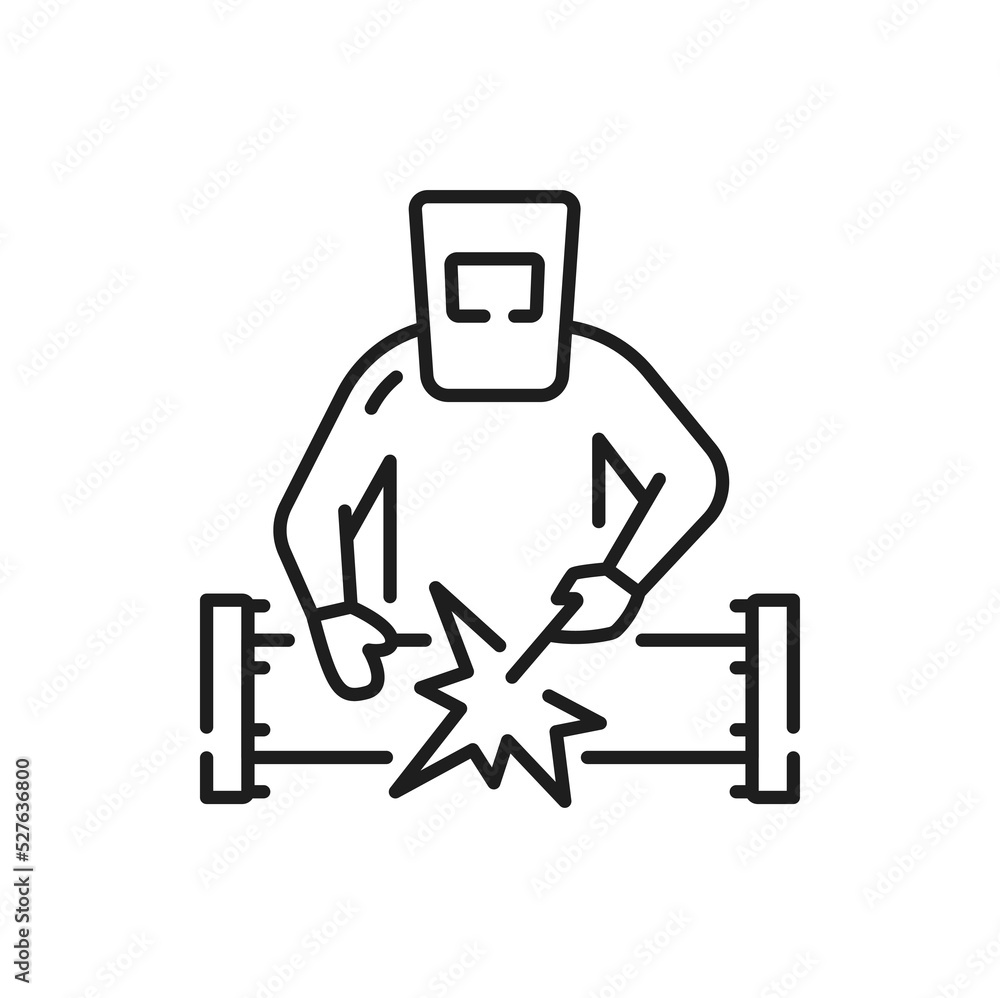 Welder welds metal pipe isolated outline icon. Vector welder in work clothes in protective mask, welding machine in hands. Manufacturing worker, gas and oil industry person with welding equipment Welder welds metal pipe isolated outline icon. Vector welder in work clothes in protective mask, welding machine in hands. Manufacturing worker, gas and oil industry person with welding equipment