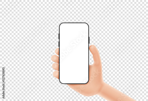 3d cartoon hand holds smartphone. Template of smart phone with blank display in cartoon hand isolated on checkered background. Vector illustration mobile device concept.