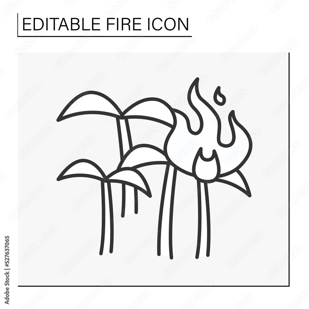 Fire line icon. Nature reserve on fire. Tropical forest burning. Fire on mountains and parkland. Disaster concept. Isolated vector illustration. Editable stroke Fire line icon. Nature reserve on fire. Tropical forest burning. Fire on mountains and parkland. Disaster concept. Isolated vector illustration. Editable stroke