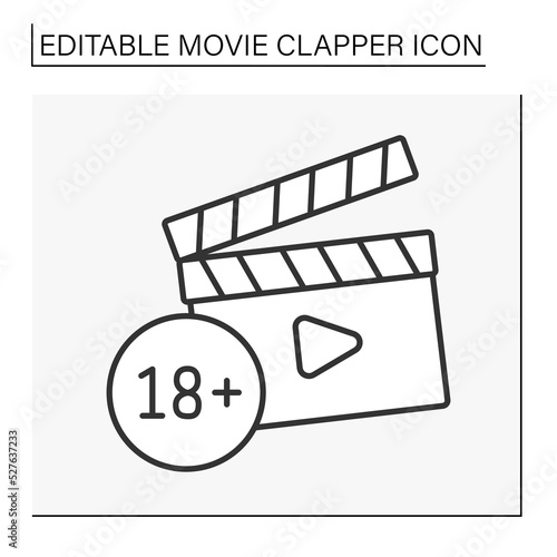  Movie clapper line icon.Pornography content. Adult movie. Filmmaking industry. Cinematography concept. Isolated vector illustration. Editable stroke