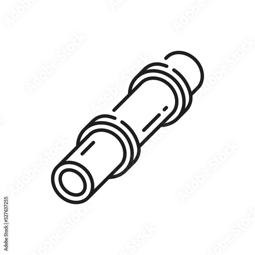 Water, gas or oil pipeline with connectors isolated outline icon. Vector plumbing work, sewage or drainage service, pipe with gas oil industry sign, refinery fuel, metal pipe toilet sanitary equipment