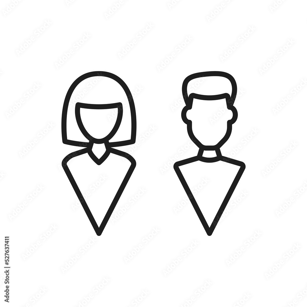 Male and female pictogram isolated lady and gentleman toilet symbols outline icon. Vector man and woman couple, boy or girl WC emblems. Washroom, bathroom and restroom gender signs, linear style Male and female pictogram isolated lady and gentleman toilet symbols outline icon. Vector man and woman couple, boy or girl WC emblems. Washroom, bathroom and restroom gender signs, linear style