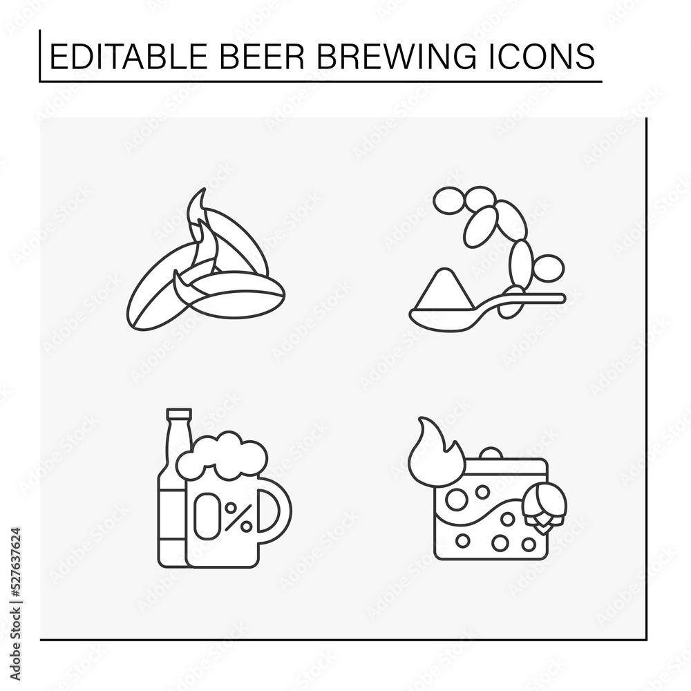 Beer brewing line icons set. Malted barley for producing alcohol. Beverage concepts. Isolated vector illustrations. Editable stroke