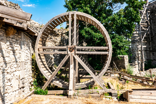 A wheeled wooden elevator serving as an aid in the reconstruction of Vinne Castle in Slovakia